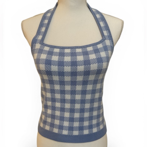 Abercrombie & Fitch Light Blue and White Gingham Halter Top Large - Picture 3 of 9
